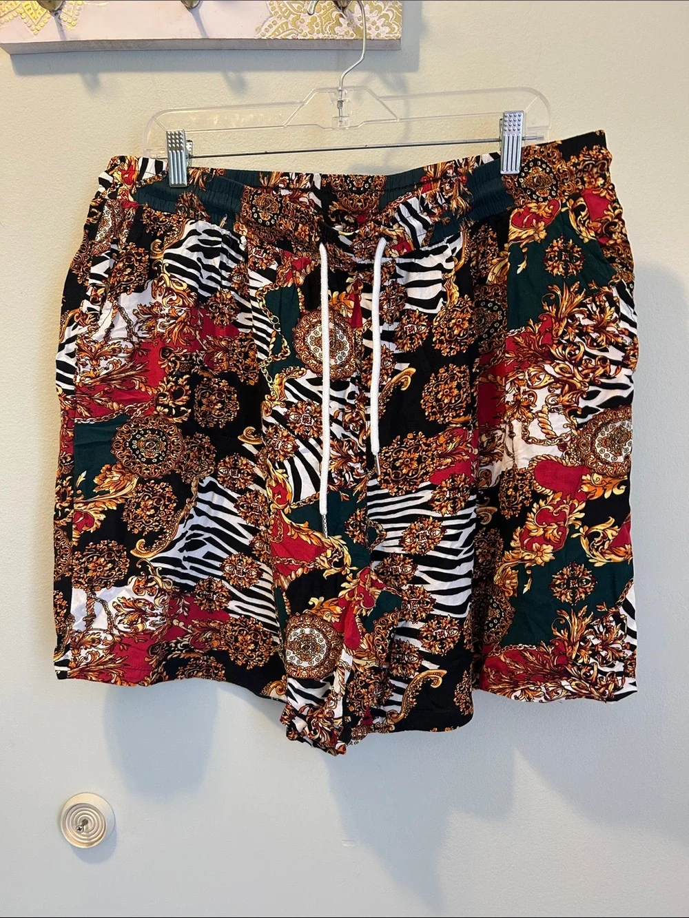 Women's Printed Drawstring Bermuda Shorts in Black, Red & Green